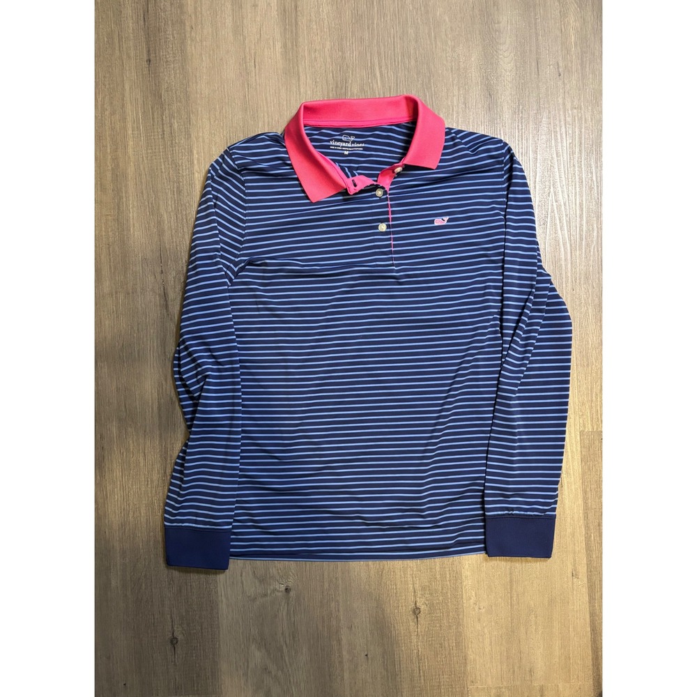 Vineyard Vines Polo Shirt Womens Medium Blue Striped Long Sleeve Pink Collar